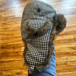 Houndstooth Trapper Hat with Faux Fur